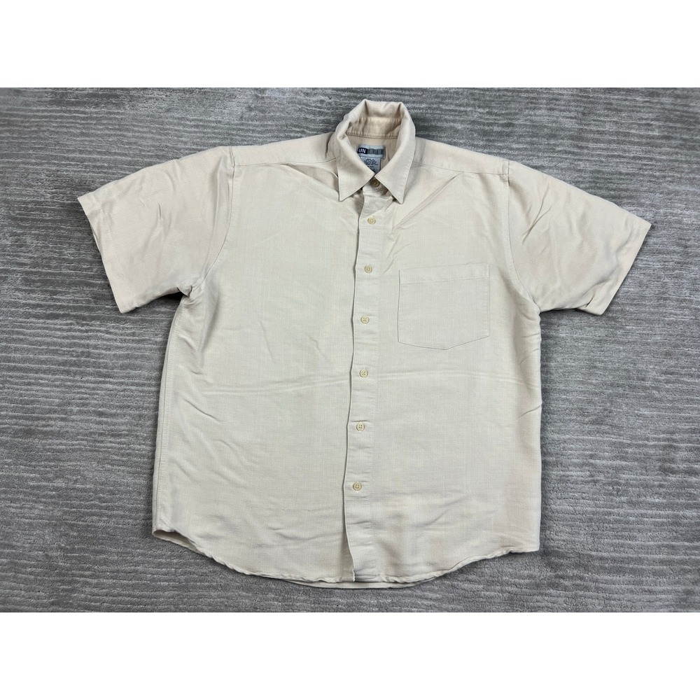 UNTIED Button Down Shirt Mens M Tan Rayon Blend Short Sleeve Textured Casual Top
